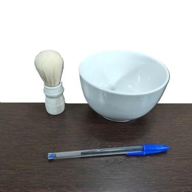 Imagem de Kit Cumbula Porcelana 13x8cm Pincel 10cm P/espuma Barbear BRANCO