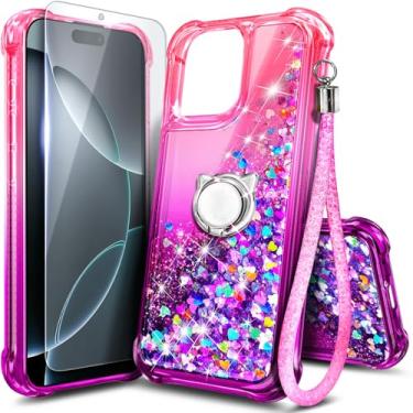 Imagem de Capa NGB projetada para iPhone 16, rosa/roxo | Capa fofa com glitter líquido brilhante para mulheres, meninas e crianças | com protetor de tela de vidro temperado, suporte de anel e alça de pulso