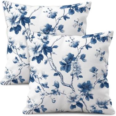 Imagem de WitHero Conjunto de 2 capas de almofada florais azuis 45,7 x 45,7 cm, capas de almofada de linho branco, ligeiramente resistente à água, estampa dupla face, flor vintage, azul, creme chinoiserie