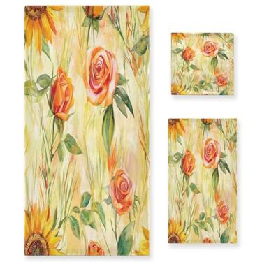 Imagem de xigua Aquarela girassóis e rosas conjunto de toalhas de banheiro absorvente macio 3 peças toalha de banho toalha de mão toalhas decorativas para banheiro, academia, hotel, praia, piscina