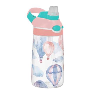 Imagem de xigua Balões de ar quente em aquarela Garrafa de água Tritan com bico de silicone, 480 ml portátil à prova de vazamento com botão bloqueável e alça larga