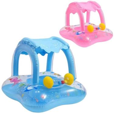 Imagem de Boia Bote Infantil Inflável Bebê Piscina Com Cobertura Removível e Proteção UV (AZUL)