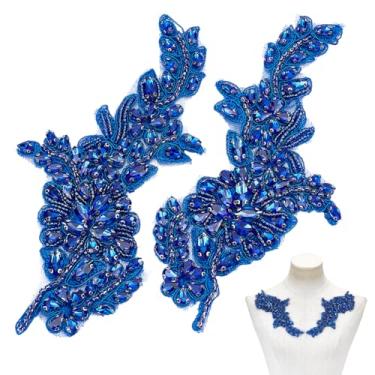 Imagem de NBEADS 2 peças de patch de faixa de strass, 19,8 x 9,8 cm, aplique floral 3D com contas costuradas na faixa de cristal para cinto de noiva, vestido formal, formatura, estola algo, azul