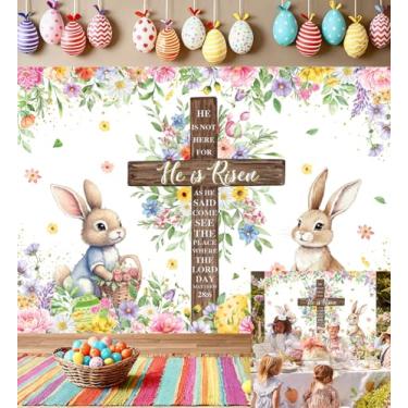 Imagem de Pano de fundo de primavera de Páscoa, decorações de fundo colorido, ovos, coelhos, cruz de Jesus, cenário fotográfico, faixa de festa de Páscoa (210 x 150 cm)