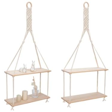 Imagem de WEBEEDY 2 peças de prateleiras suspensas de macramê de 2 camadas, macramê boêmio, decoração de quarto, exibição flutuante de madeira, fotos de plantas, armazenamento para quarto, sala de estar