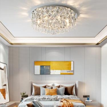 Imagem de Luminária de teto moderna com cristais, lustre de embutir em aço inoxidável com elegante cúpula de cristal K9 para sala de estar, quarto, sala de jantar e corredor (50 cm - E14*6)