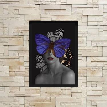 Imagem de Quadro Decorativo Mulher Com Borboleta Azul 34X23Cm Moldura Branca