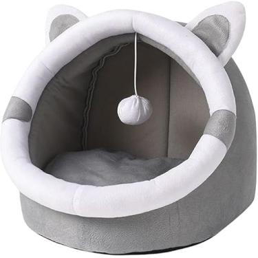Imagem de Cama Pet Luxuosa para Gatos, Cinza com Pelúcia Branca, Almofada Aconchegante, Tamanhos 32-38cm, Interior Macio