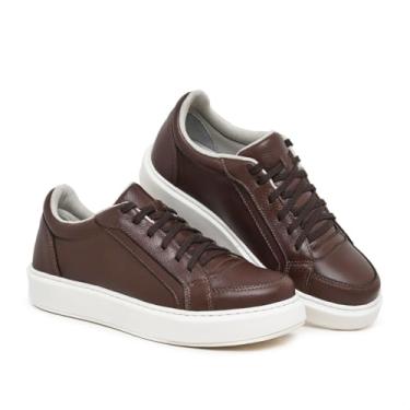Imagem de Tênis Casual Masculino 100% Couro Legítimo Sneaker Sola Costurada Palmilha Gel Confortável (Marrom, BR, Adulto, Numérico, 43)
