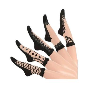 Imagem de Meias Femininas De Renda Com Cristais, Cano Médio, 5/10 Pares, Estampa