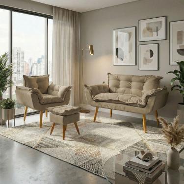 Imagem de Kit Namoradeira Poltrona e Puff Decorativo Para Sala Recepção Manicure Consultório Alice Tecido Suede