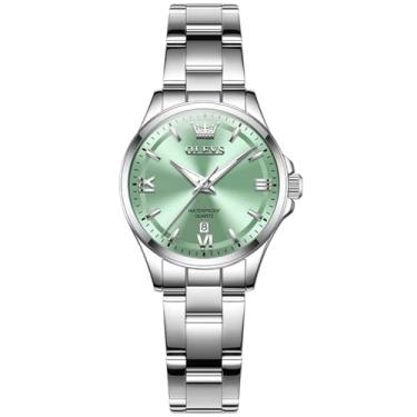 Imagem de OLEVS Relógios femininos de aço inoxidável, relógio feminino prateado de luxo com data, analógico à prova d'água, quartzo delicado, mostrador branco/rosa/azul/roxo, Face verde/pulseira prata