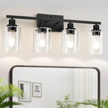 Imagem de MOKATNG Luminária de banheiro de 4 luzes, luminária de banheiro com persianas de vidro transparente, luminárias de banheiro preto fosco sobre espelho, lâmpada de parede de banheiro moderna para