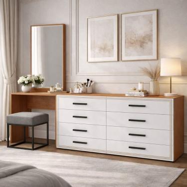 Imagem de Cômoda Penteadeira 8 Gavetas Valência Branco/Freijó