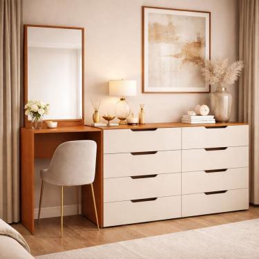 Imagem de Cômoda Penteadeira 8 Gavetas Madrid Creme/Freijó