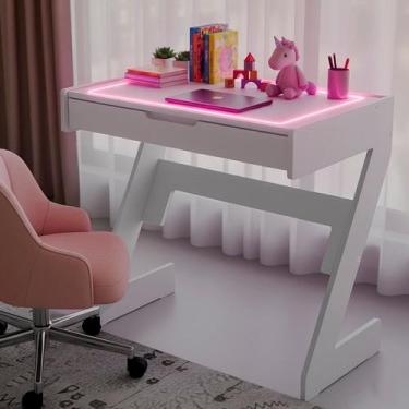 Imagem de Escrivaninha para Escritório com Luz Rosa Neon 1 Gaveta 73cm Branco - 