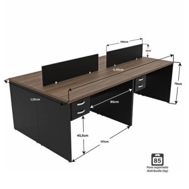 Imagem de Escrivaninha Mesa Escritório 8 Gavetas 4 Lugares 240cm Nogal E Preto -