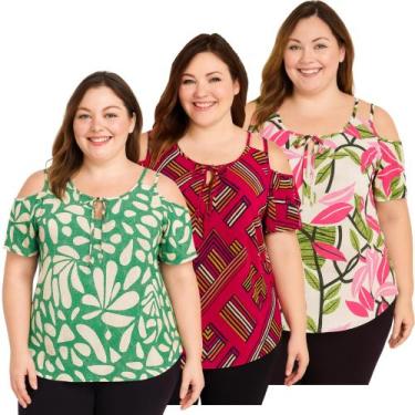 Imagem de Kit 3 Blusa Feminina Ombro Vazado Manga Babado Malha Fria Plus Verão -