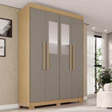 Imagem de Guarda-Roupa Solteiro Weather com Pés e Espelho 4 Portas 3 Gavetas 100% Mdf Jequitibá/Granizo - Pnr Móveis