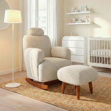 Imagem de Poltrona Amamentação De Balanço Com Puff Aurora Conforto Extra E Design Atual Chenille Bege Fendi