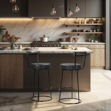 Imagem de Banqueta Alta Cozinha 70cm Encosto Industrial Aço Kit 2 Ziria Pu Preto