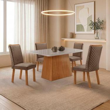 Imagem de Mesa de Jantar Aida 120cm Tampo MDF e Vidro Canto Copo com 4 Cadeiras 