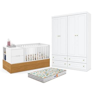 Imagem de Kit Berco Multifuncional Formare e Guarda Roupa 4 Portas 4 Gavetas MDF e MDP Branco Freijo Matic Moveis