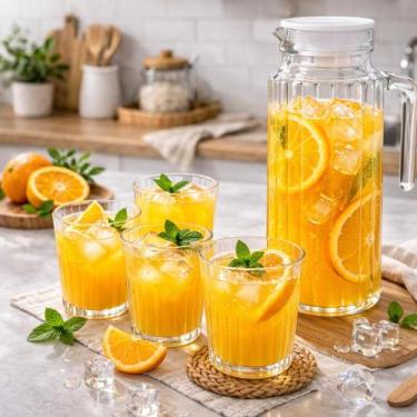 Imagem de Jarra de Vidro 1L com 4 Copos Conjunto 5 Peças para Suco Água Mesa Pos