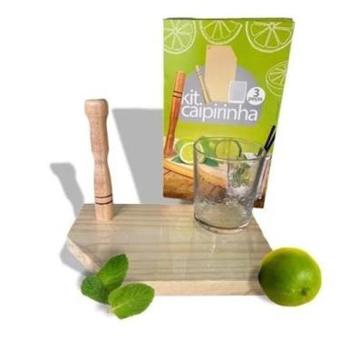 Imagem de Kit Caipirinha Com 3 Peças Socador Copo E Tabua Em Madeira - Madlar