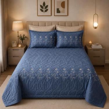 Imagem de Kit Cobre Leito Queen Bordado 3 pc Colcha Porta Travesseiros Cor:Verde