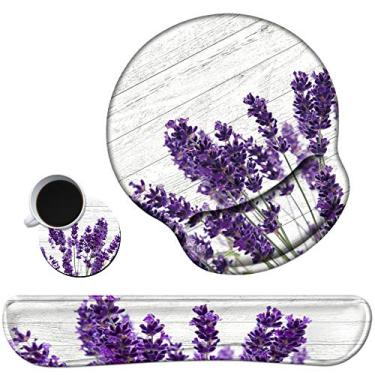 Imagem de Conjunto de descanso de pulso para teclado e mouse pad para descanso de pulso, mouse pad ergonômico para jogos durável, superfície lisa, base antiderrapante, design roxo lavanda para computador, laptop, casa, escritório + porta-copos fofos