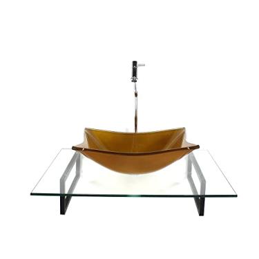 Imagem de KIT CUBA DE VIDRO RETANGULAR DOURADO REAL COM TAMPO 60CM INCOLOR E SUPORTE TORNEIRA VALVULA