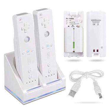 Imagem de Baterias recarregáveis com carregador para controle remoto Wii & Wii U, controlador Montion Plus (base de estação de carregamento remota dupla + pacote com 2 baterias de substituição Wii 2800mAh + cabo USB)