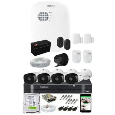 Imagem de Kit Alarme Residencial C/ 4 Sensor Via App E Kit Cftv 4 Câmeras Intelb