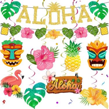 Imagem de Decorações de festa havaiana, com bandeira Aloha brilhante dourada e guirlanda de abacaxi com folhas de palmeira tropical, 8 redemoinhos suspensos Luau, decoração de festa Luau, placa Aloha para tema tropical festa na praia de verão