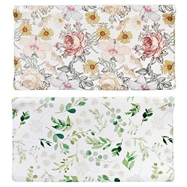 Imagem de Capa para trocador de fralda, 2 unidades, capa para mesa com mudança floral, capas para trocador de folhas verdes, lençóis de mesa de malha para trocar, coberturas para berço neutro para bebês meninos e meninas