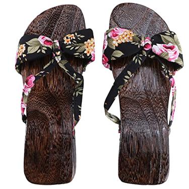 Imagem de USHOBE Tamancos de madeira japoneses chinelos de madeira sandálias tradicionais japonesas de verão Geta tamancos quimono chinelos de madeira antiderrapantes sandálias de banho para mulheres, Preto, 5.5
