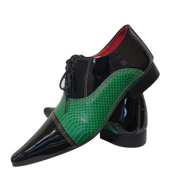 Imagem de Sapato Masculino Italiano Couro Preto Verniz com Verde Escamado Ref: 691