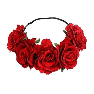 Imagem de Tvoip Rose Floral Crown Garland Flower Headband Headpiece for Wedding Festival (Red)