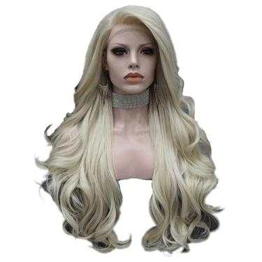 Imagem de Peruca loira sintética com tela frontal, fibra resistente ao calor, ondulada, longa, peruca feminina