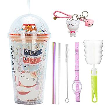 Imagem de seelucky Caneca de viagem de gato da sorte com canudo azul copo de bebida com alça copo de festa unicórnio roxo copo de gelo para piquenique festa aniversário (Lucky Cat Laranja, 430 ml)