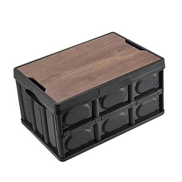 Imagem de menolana Organizador de porta-malas de carro, recipientes de acampamento, bolsa de transporte com tampa de madeira, cesto de armazenamento dobrável ao ar livre, PRETO