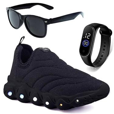 Imagem de Tenis Infantil De Led Calce Facil Elastico Meninos Masculino + Oculos Relogio Cor:Preto;Tamanho:20