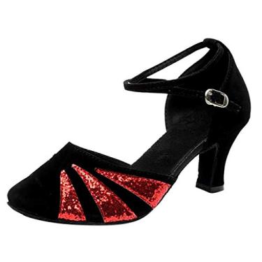 Imagem de Sandálias respiráveis com tiras abertas para mulheres de salão de baile tango sapatos de dança latina sapatos de lantejoulas sapatos de dança social (vermelho, 7)