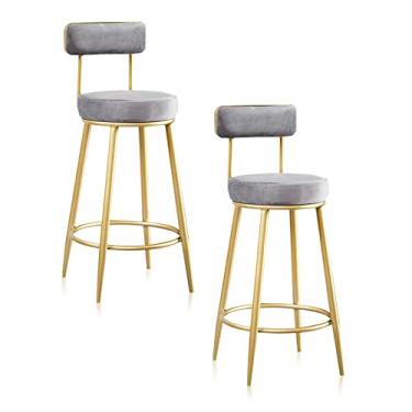 Imagem de Cadeiras de jantar cadeiras de sala de jantar bancos de bar conjunto de 2 cadeiras de bar acolchoadas de veludo com apoio para os pés Bancos altos de cozinha suportados pernas de metal dourado para bar de café da manhã, balcão, cozinha verde Tudo está bem
