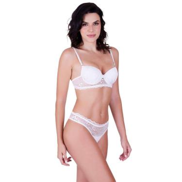 Imagem de Conjunto fio sensual com bojo e arco em poliamida lisa e renda branco