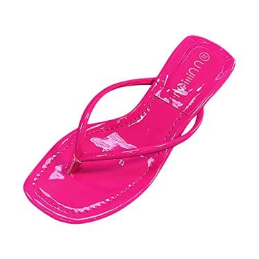 Imagem de Chinelos femininos de verão comércio exterior cor pura PU salto alto clipe dedo do pé sandálias femininas praia sandálias, Rosa choque, 7