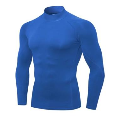 Imagem de LEICHR Camisetas de compressão masculinas de manga comprida e secagem fresca para academia com gola rolê, Azul nº 58, G