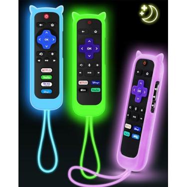 Imagem de 3Pcs Remote Cover for Roku with Cat Ears Design, Silicone Skin Case Compatible with Hisense/TCL Roku TV, Steaming Stick/Express, Universal Replacement Controller. Glow in The Dark Green/Blue/Purple