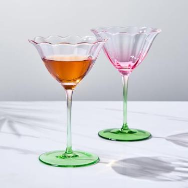 Imagem de Khen Copos de coquetel rosa tulipa flor martini e champanhe | Conjunto com 2 | Copos de coquetel de cristal colorido soprado à mão de 170 g, rosa e verde